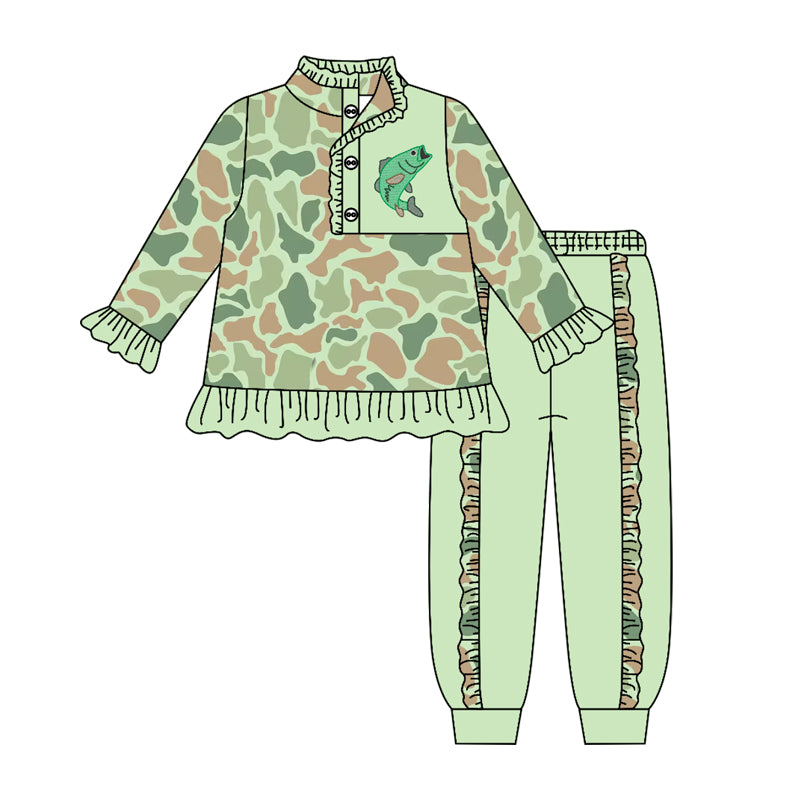 4.15 GLP3305 Preorder Fish Camo Pullover Top Ruffle Pants Girls Clothes Set