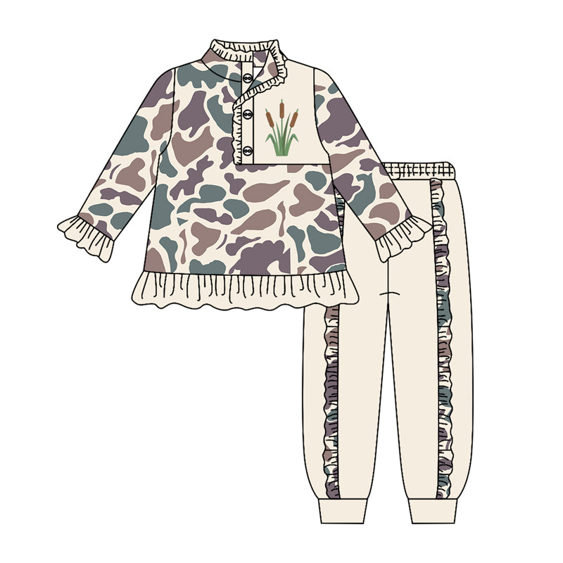 4.15 GLP3308 Preorder Cattail Camo Pullover Top Ruffle Pants Girls Clothes Set