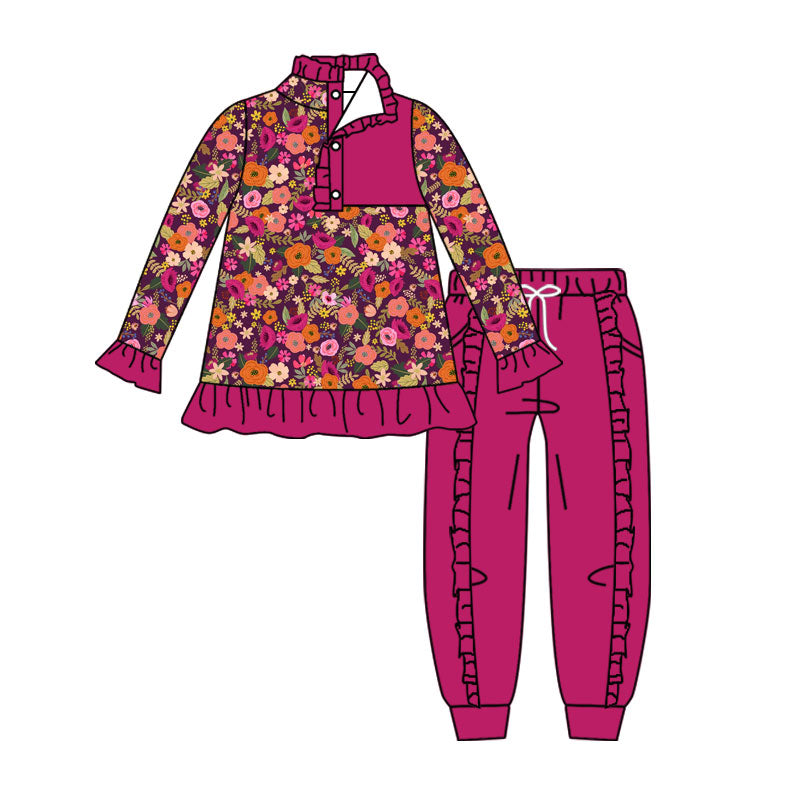 4.16 Girls Floral Print Outfit - Hot Pink Long Sleeve Top & Ruffle Jogger Pants Set Preorder
