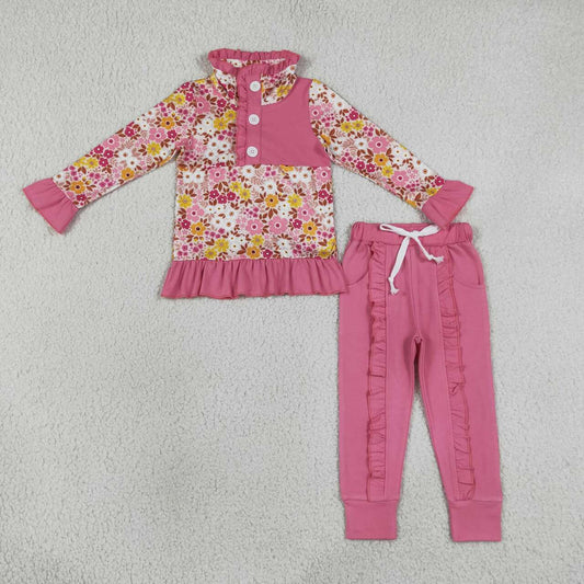 GLP3315 Pink Floral Button Pullover Top Ruffle Pockets Pants Girls Fall Clothes Set