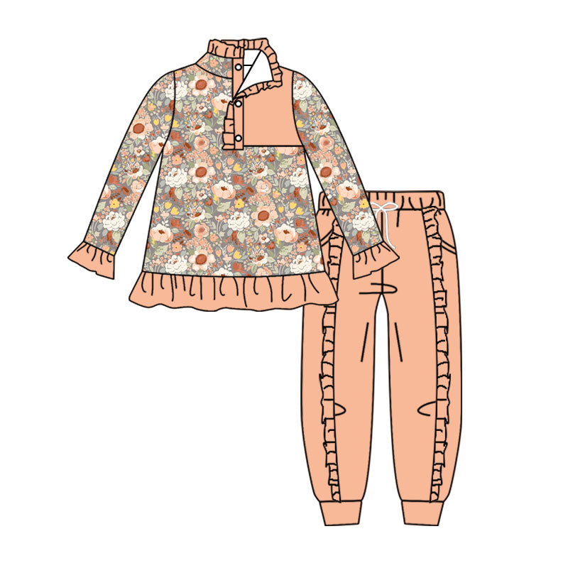 4.16 Peach Floral Ruffle Girl Outfit - Button-Front Long Sleeve Top with Ruffle Jogger Pants Set Preorder