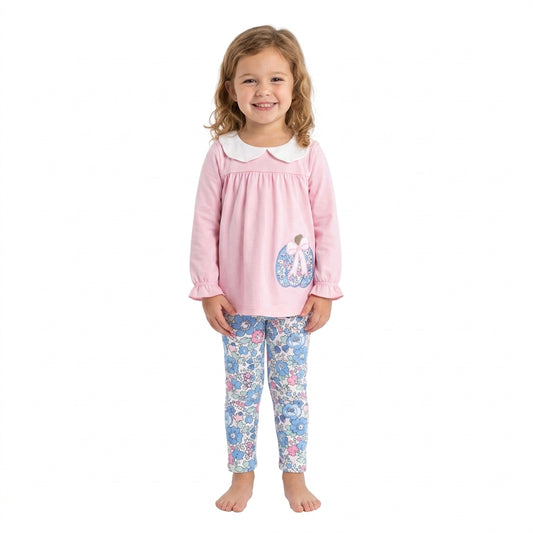 GLP3319 Pumpkin Embroidery Pink Tunic Top Flowers Pants Girls Fall Clothes Set