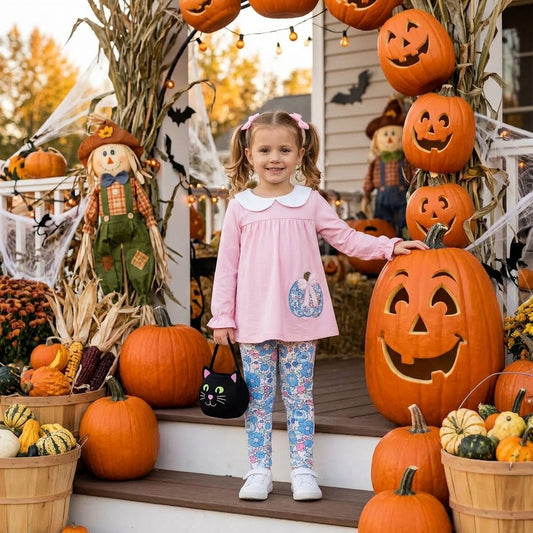 GLP3319 Pumpkin Embroidery Pink Tunic Top Flowers Pants Girls Fall Clothes Set