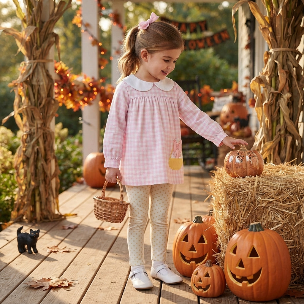 GLP3320 Candy Embroidery Checkered Tunic Top Dots Pants Girls Halloween Clothes Set