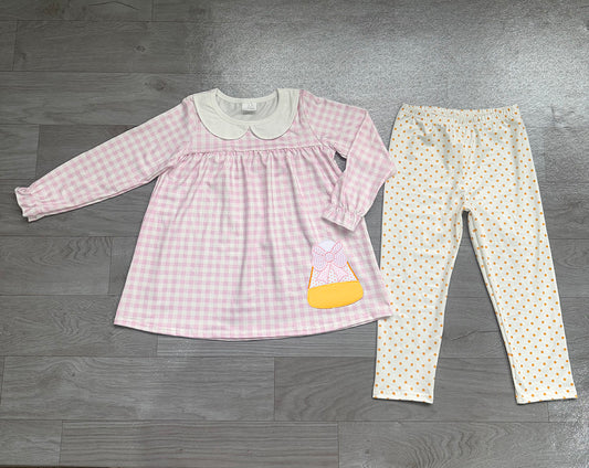 4.18 GLP3320 Preorder Candy Plaid Tunic Top Dots Pants Girls Halloween Clothes Set