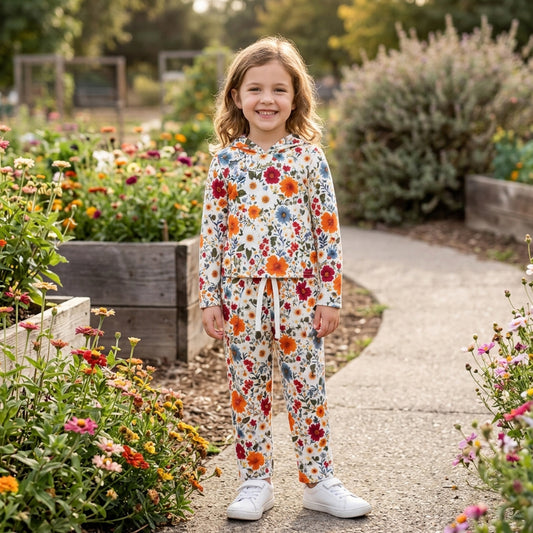 GLP3321 Colorful Flowers Hoodie Top Pockets Pants Girls Fall Clothes Set