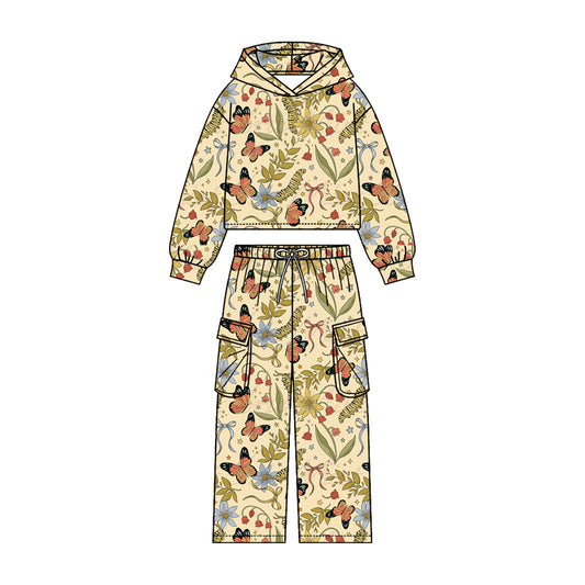4.20 Girls Butterfly Print Hoodie Set - Beige  Hoodie & Cargo Pants Outfit Preorder