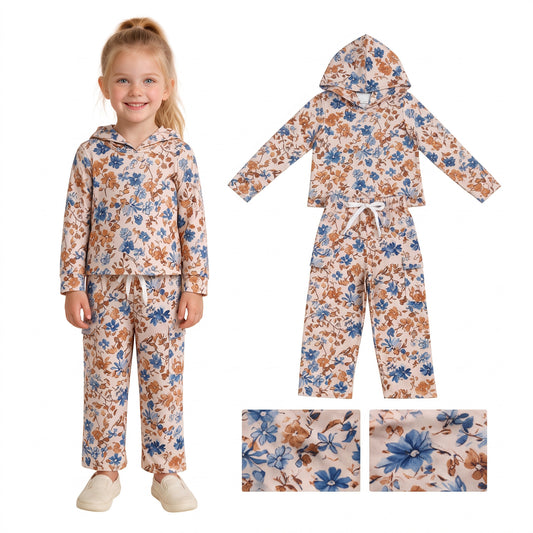 GLP3323 Blue Beige Floral Hoodie Top Pockets Pants Girls Fall Clothes Set