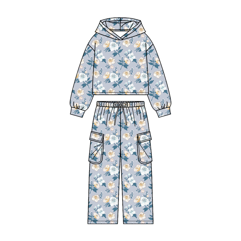 4.20 irls Light Blue Floral Hoodie Set - Grey  Hoodie & Cargo Pants Outfit Preorder