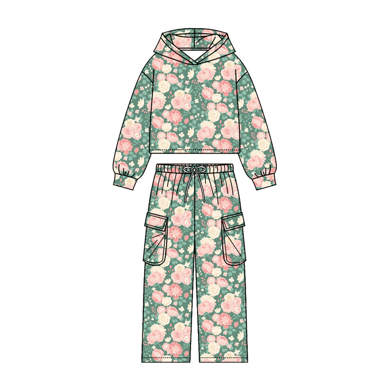 4.20 Girls Pink Rose Print Hoodie Set - Green Hoodie & Cargo Pants Outfit Preorder
