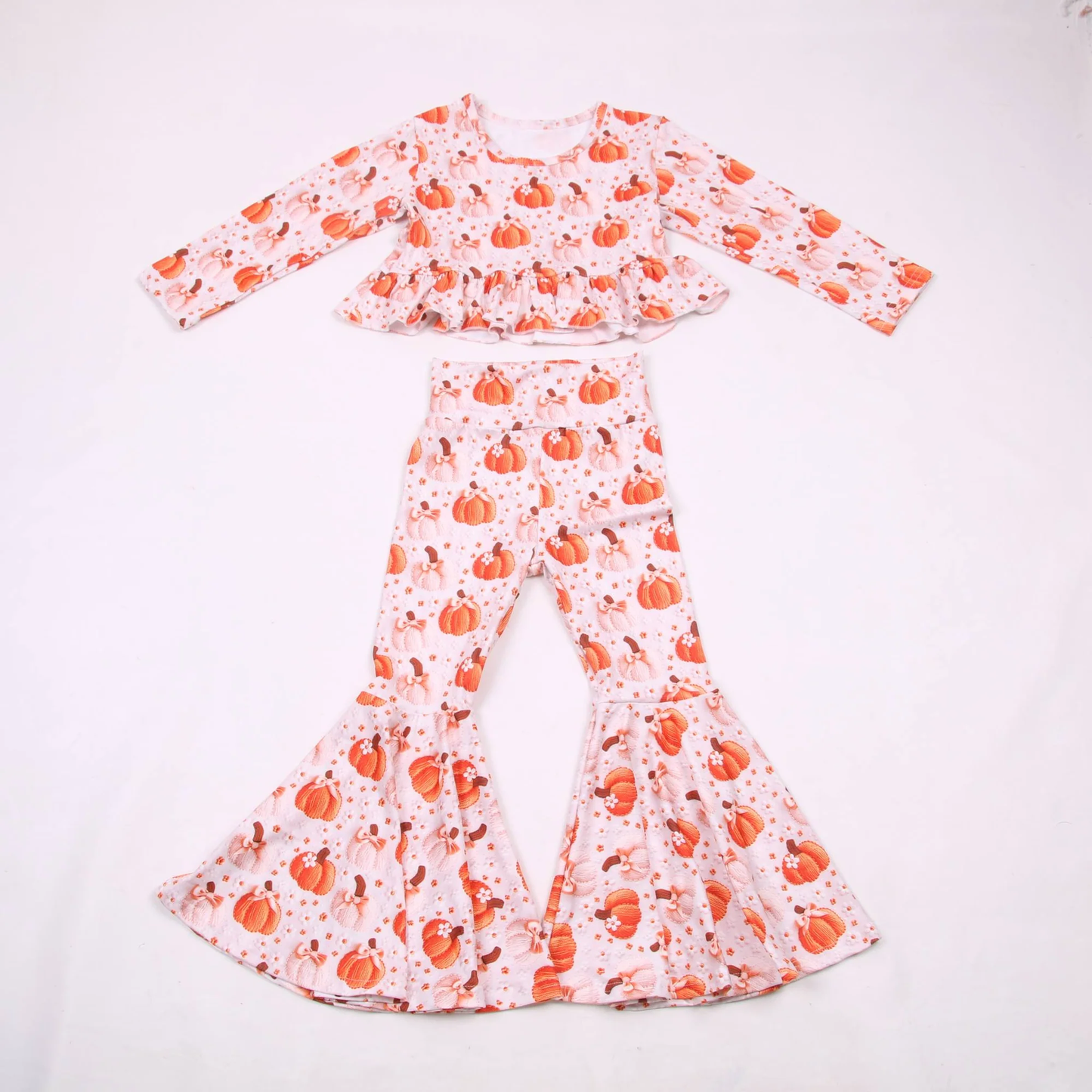 4.23 Toddler Girls Floral Pumpkin  Outfit Long Sleeve Top +Bell Bottom Pants Set Preorder