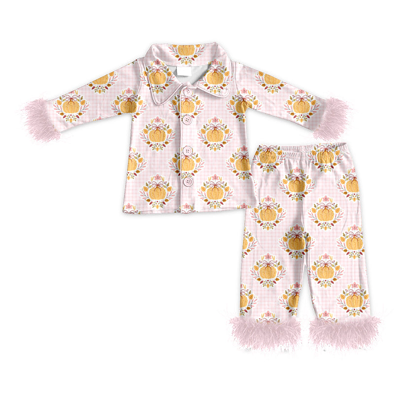 4.23 Kids Girls Fall Pumpkin Pink Gimghan Pajama Set with Feather Preorder