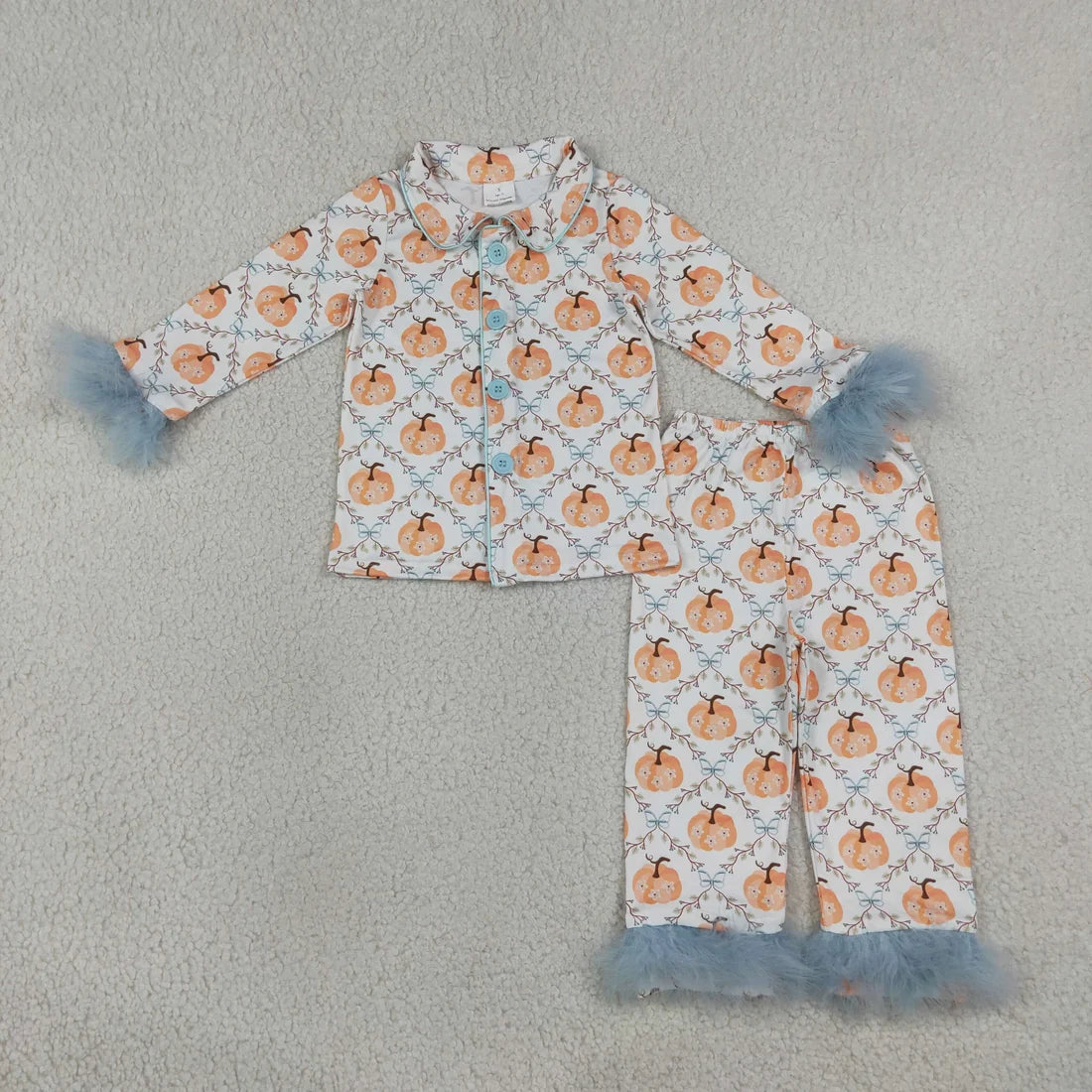 Sibling Kids Girls Bows Pumpkin Print Long Sleeve Pajama Set with Fur