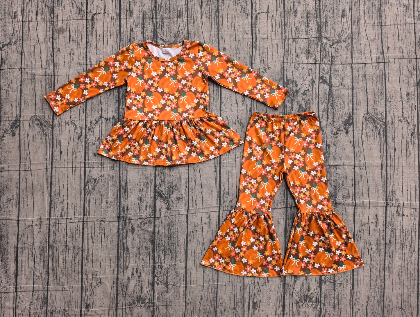 4.25 GLP3343 Toddler Girls Pumpkin Flowers Outfits Long Sleeve Top +Bell Bottom Pants Set Preorder