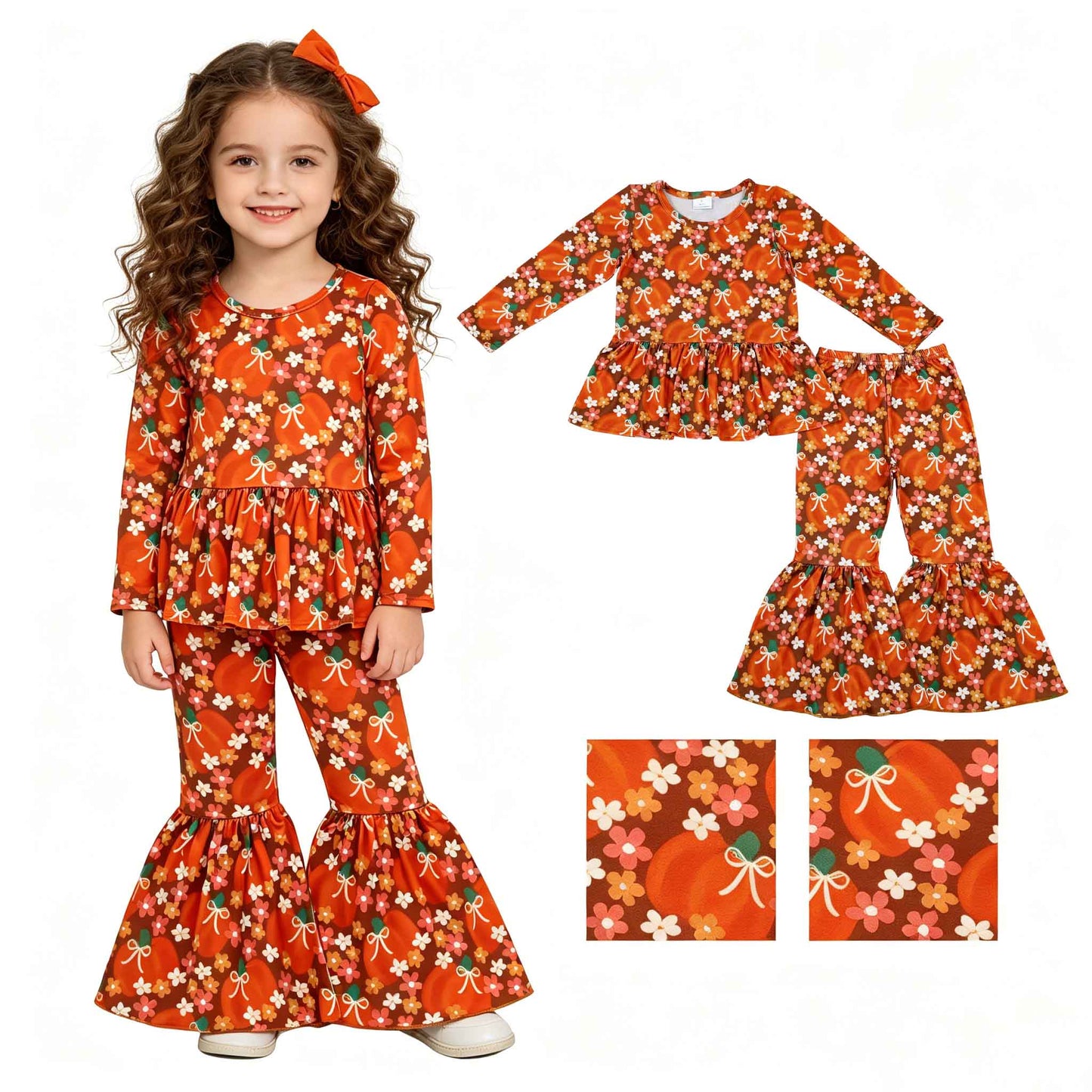 GLP3343 Toddler Girls Pumpkin Flowers Outfits Long Sleeve Top +Bell Bottom Pants Set