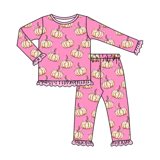 4.28 GLP3347 Pumpkin Bows Pink Baby Girls Fall Pajamas Clothes Set Preorder