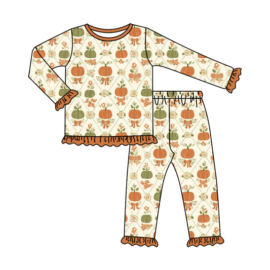 4.28 GLP3348 Pumpkin Flowers Baby Girls Fall Pajamas Clothes Set Preorder