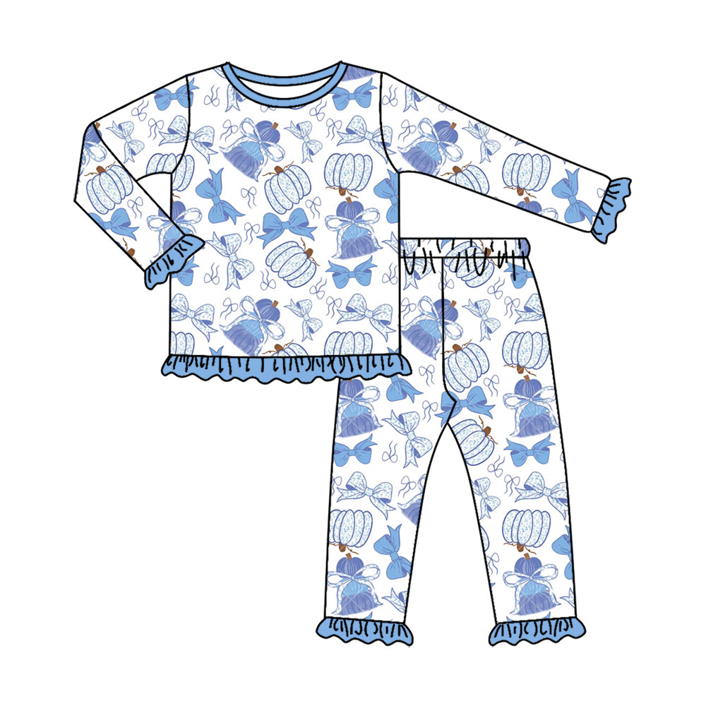 4.28 GLP3349 Pumpkin Bows Blue Baby Girls Fall Pajamas Clothes Set Preorder