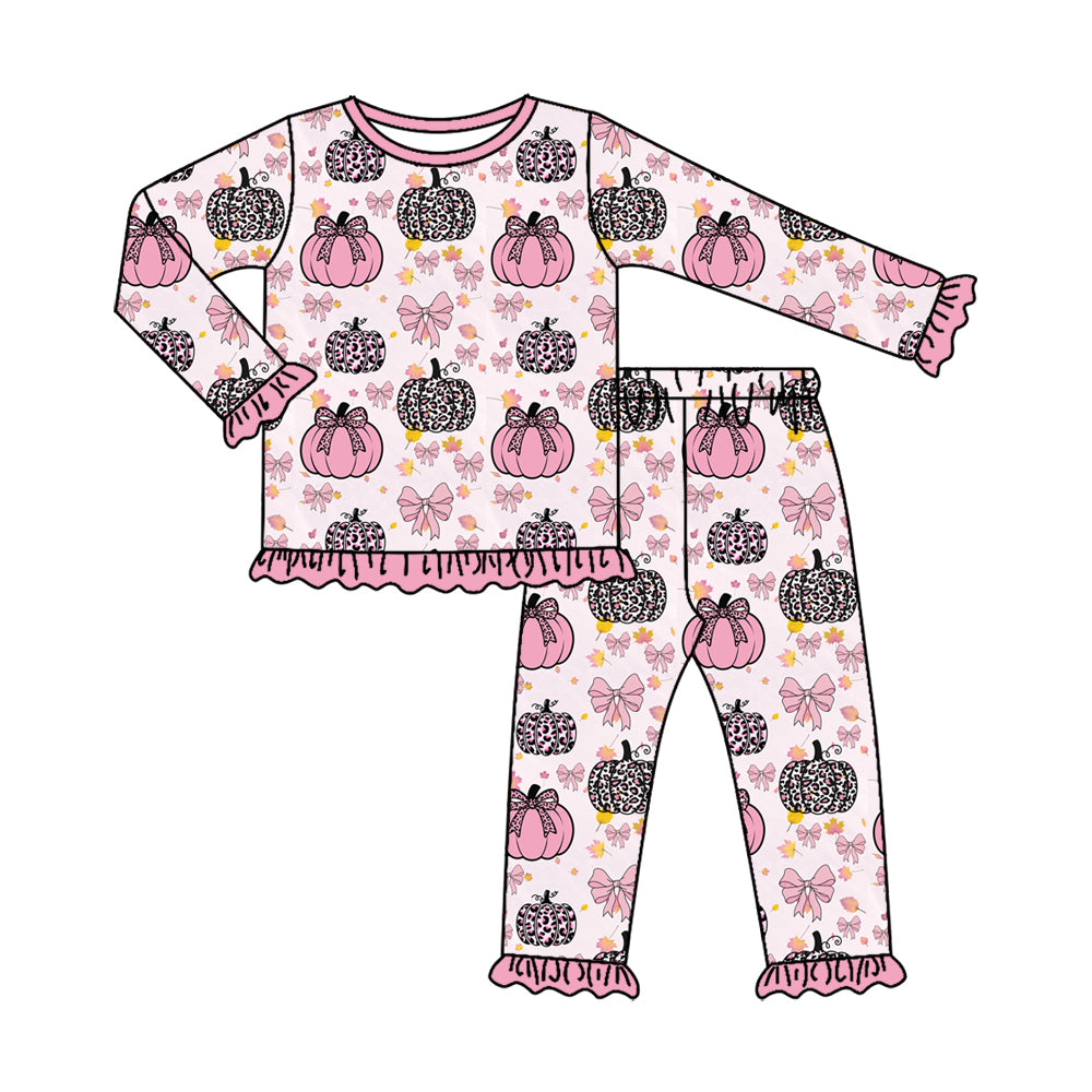 4.28 GLP3350 Pumpkin Bows Leopard Pink Baby Girls Fall Pajamas Clothes Set Preorder
