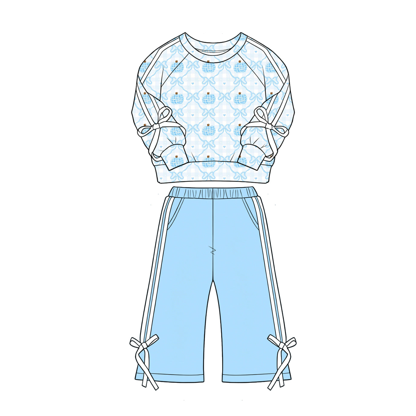 4.28 Girls Blue Gingham Pumpkin Bow Outfit -  Sweatshirt & Light Blue Pants Preorder