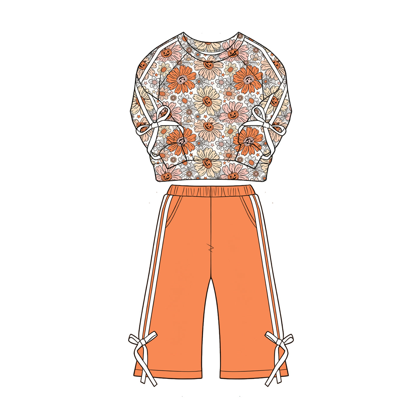4.28 Girls Orange Halloween Floral Outfit - Spooky Flower Print Top & Orange Pants Preorder