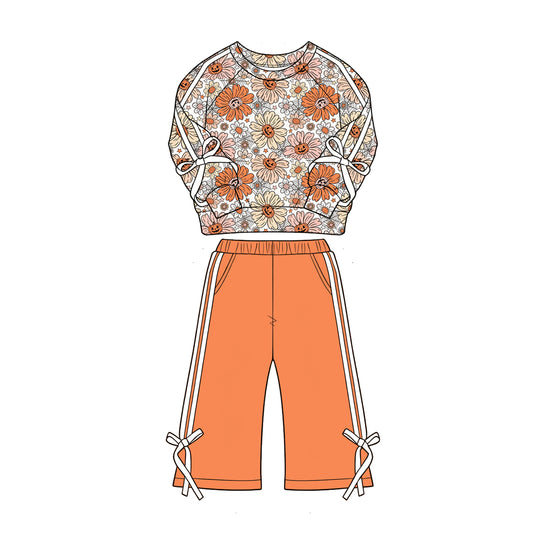 4.28 Girls Orange Halloween Floral Outfit - Spooky Flower Print Top & Orange Pants Preorder