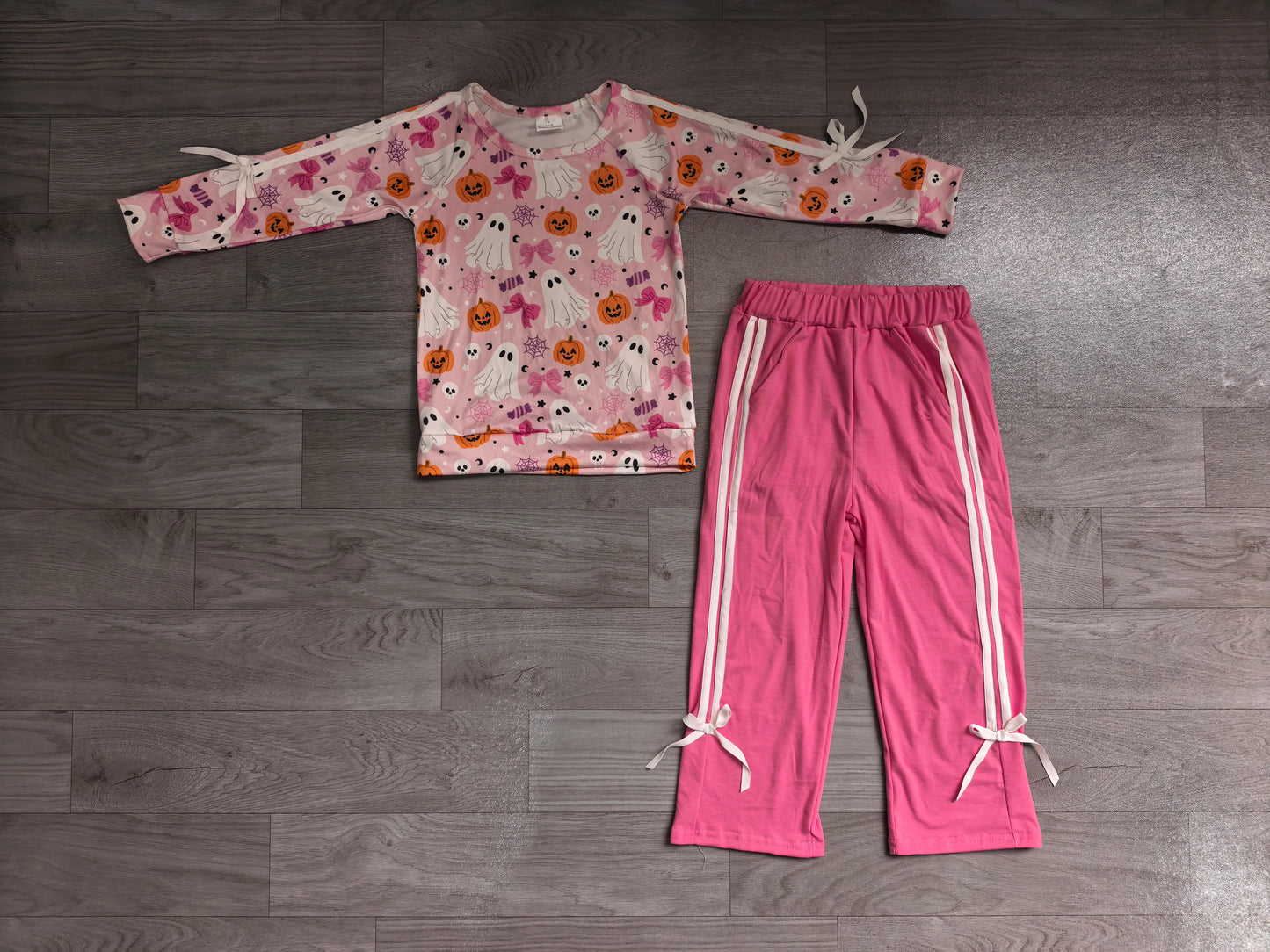Girls Pink Ghost Halloween Outfit - Cute Spooky Print  Top & Pink Pants