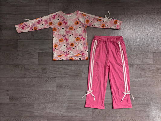 Girls Pink Ghost Halloween Outfit - Cute Spooky Print  Top & Pink Pants