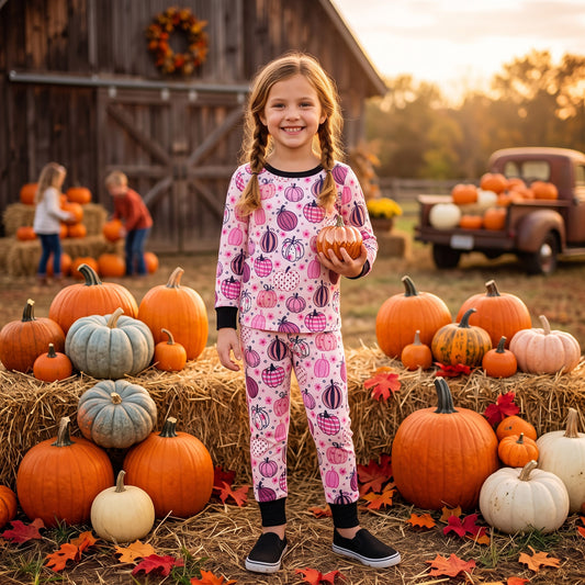 GLP3357 Pumpkin Flowers Pink Print Girls Fall Pajamas Clothes Set