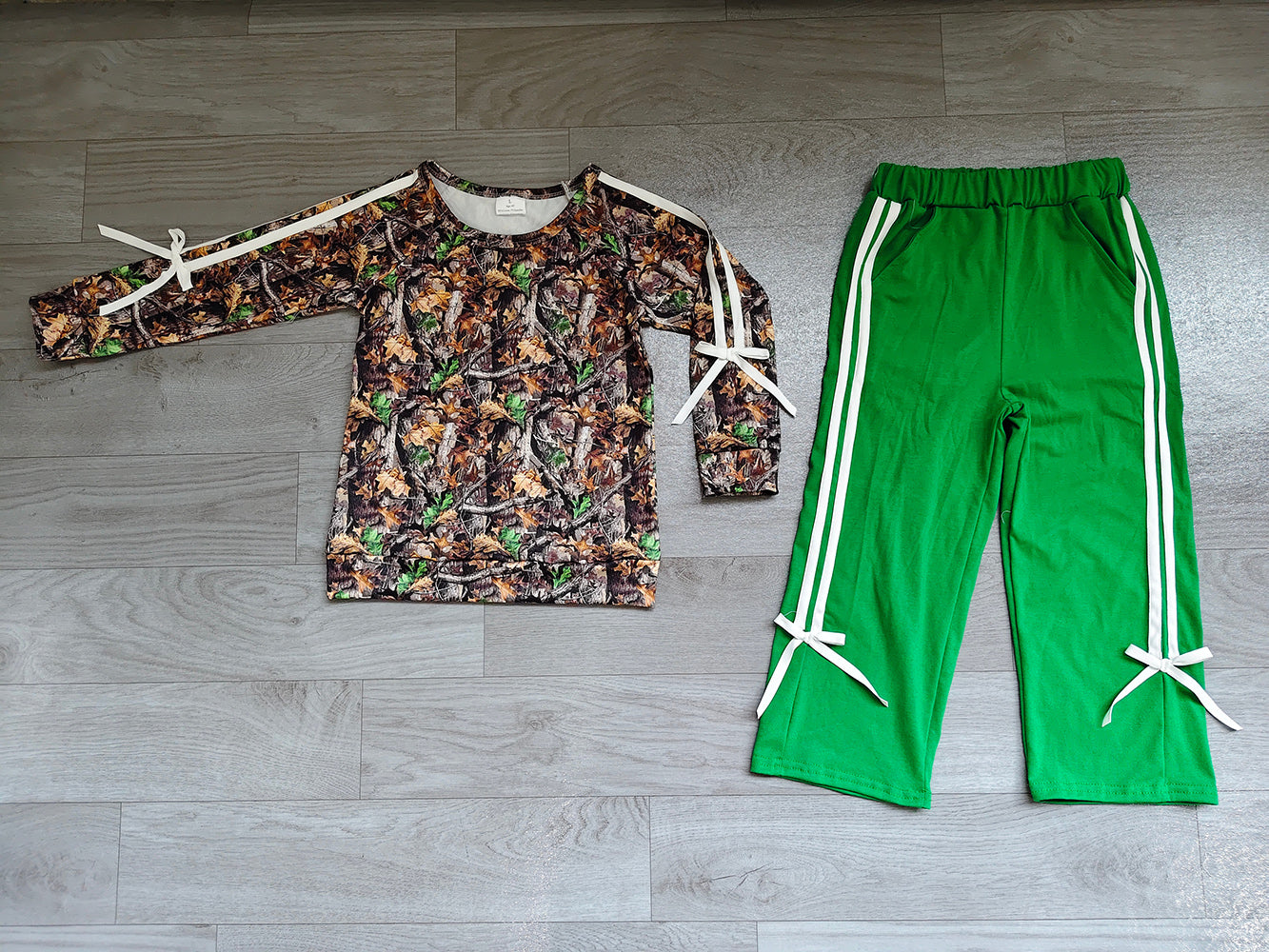 4.30 GLP3358 Branch Camo Bows Top Green Pants Girls Clothes Set Preorder