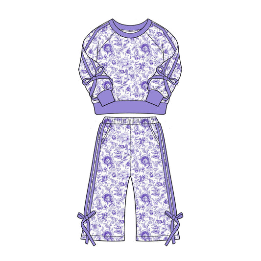 5.1  Kids Coquette Floral Bow Trim Set - Vintage Rose Print Top & Pants Preorder