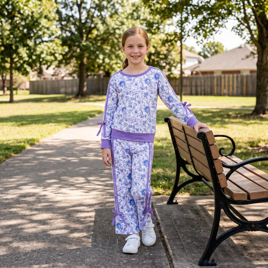 GLP3365 Blue Floral Print Lavender Trim Bow Pockets Pants Girls Clothes Set