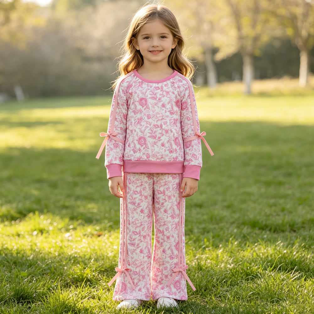 GLP3366 Pink Flowers Print Raglan Sleeve Top Straight Pants Girls Clothes Set