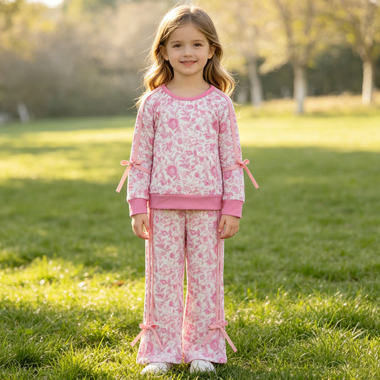 GLP3366 Pink Flowers Print Raglan Sleeve Top Straight Pants Girls Clothes Set