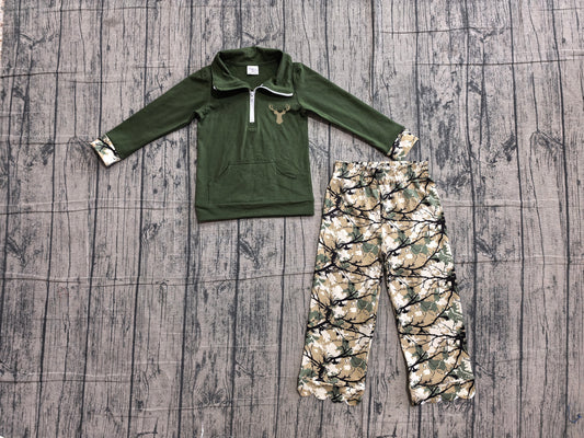5.1  Kids Girls Hunting Deer Quarter-Zip & Green Camo Bell Bottoms Outfit Preorder