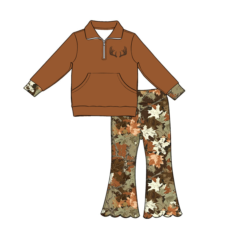 5.1  Kids Girls Brown Antler Pullover Top +  Leaf Camo Flare Pants Outfit Preorder