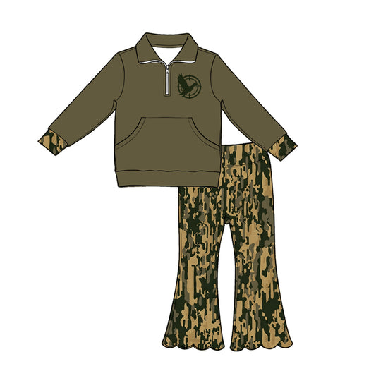 5.1  Kids Girls Dark Olive Pullover Top + Camo Flare Pants Outfit Preorder