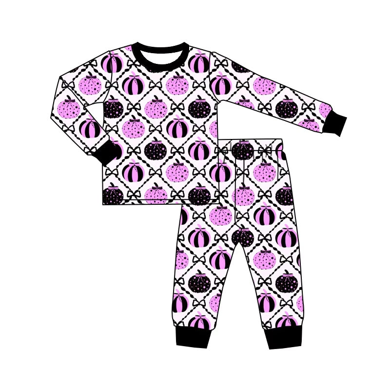 5.1 GLP3379 Pumpkin Bows Baby Girls Fall Pajamas Clothes Set Preorder
