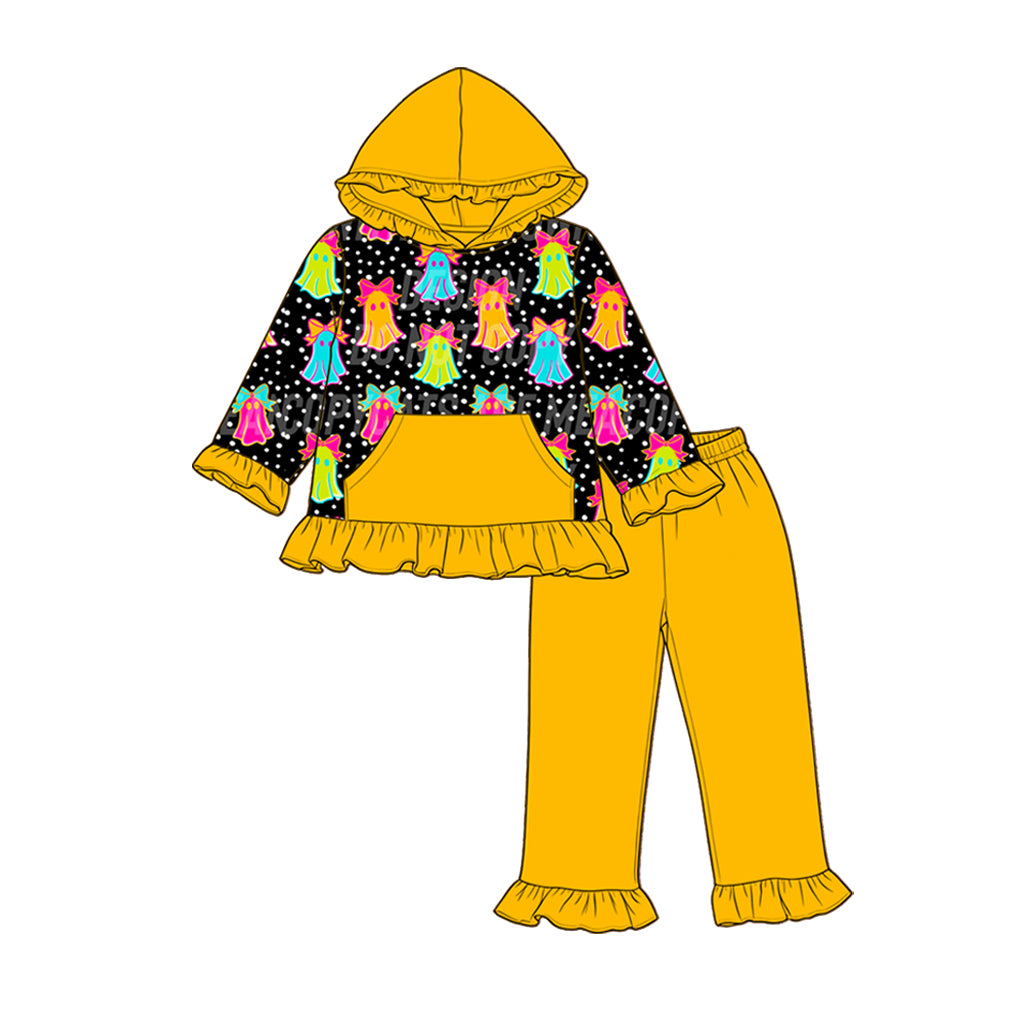 5.9 Girls Yellow Halloween Hoodie Set - Neon Ghost Print Ruffle Outfit Preorder
