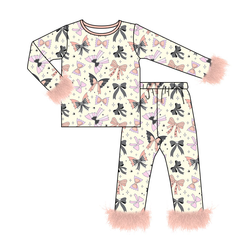 5.13 Girls Cream Halloween Bat & Bow  Pajama Set With Feather Preorder