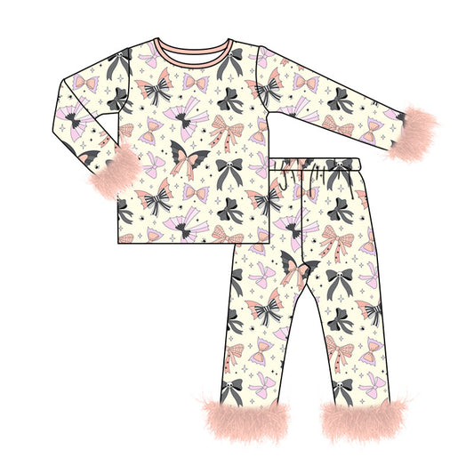 5.13 Girls Cream Halloween Bat & Bow  Pajama Set With Feather Preorder