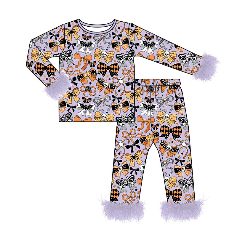 5.13 Girls Cream Halloween kull & Pumpkin Bow Pajama Set With Feather Preorder