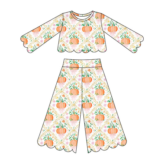 5.15 Preorder GLP3391 Pumpkin Flowers Bows Print Girls Scallop Fall Clothes Set