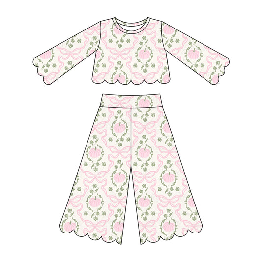 5.15 Preorder GLP3392 Pumpkin Bows Pink Print Girls Scallop Fall Clothes Set