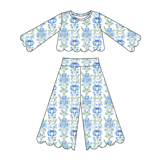 5.15 Preorder GLP3393 Pumpkin Blue Flowers Print Girls Scallop Fall Clothes Set