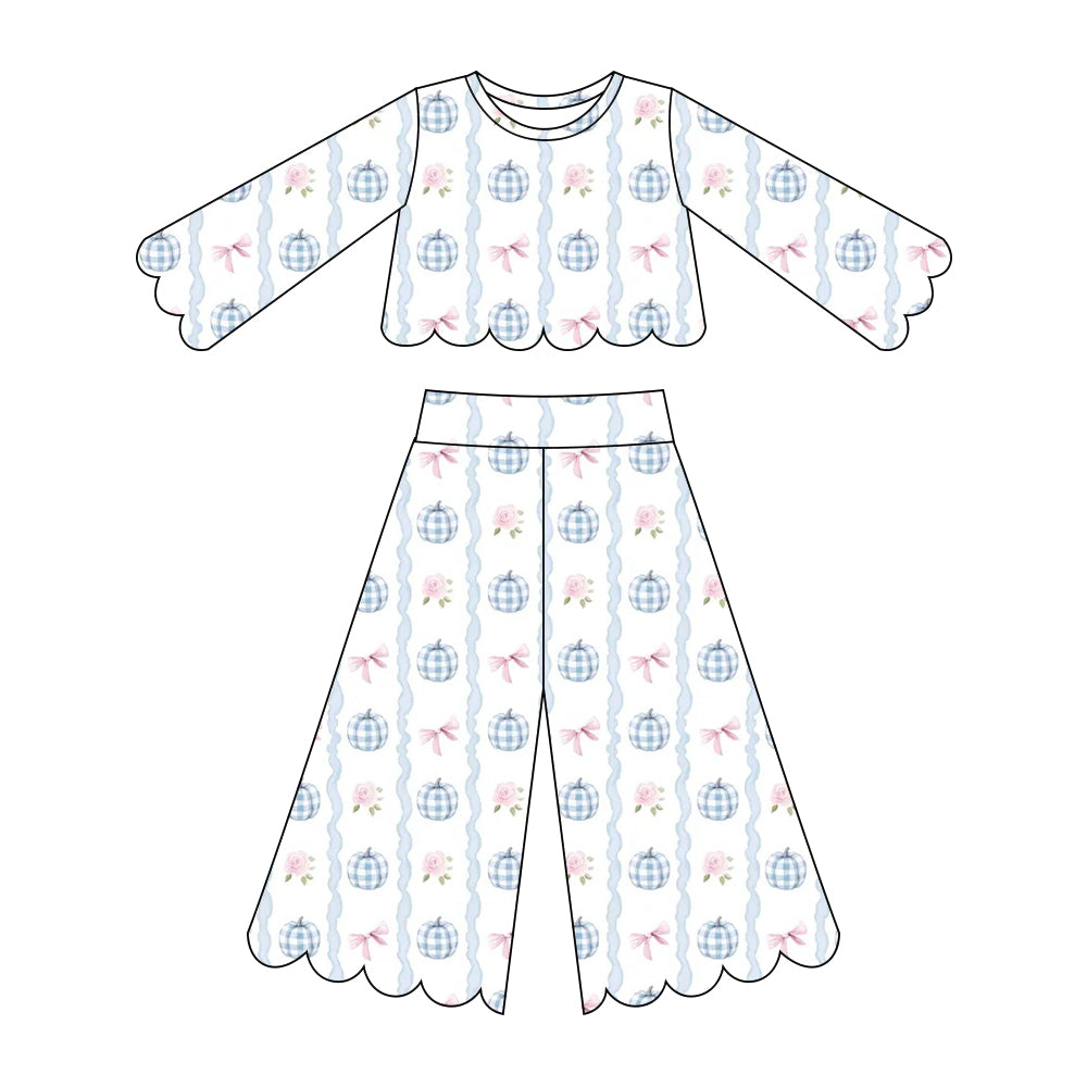 5.15 Preorder GLP33934 Pumpkin Flowers Bows Print Girls Scallop Fall Clothes Set
