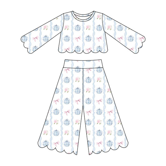 5.15 Preorder GLP33934 Pumpkin Flowers Bows Print Girls Scallop Fall Clothes Set