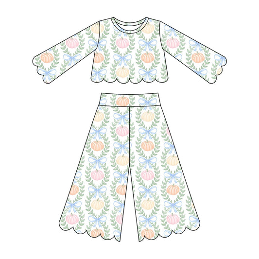5.15 Preorder GLP33935 Pumpkin Bows Print Girls Scallop Fall Clothes Set