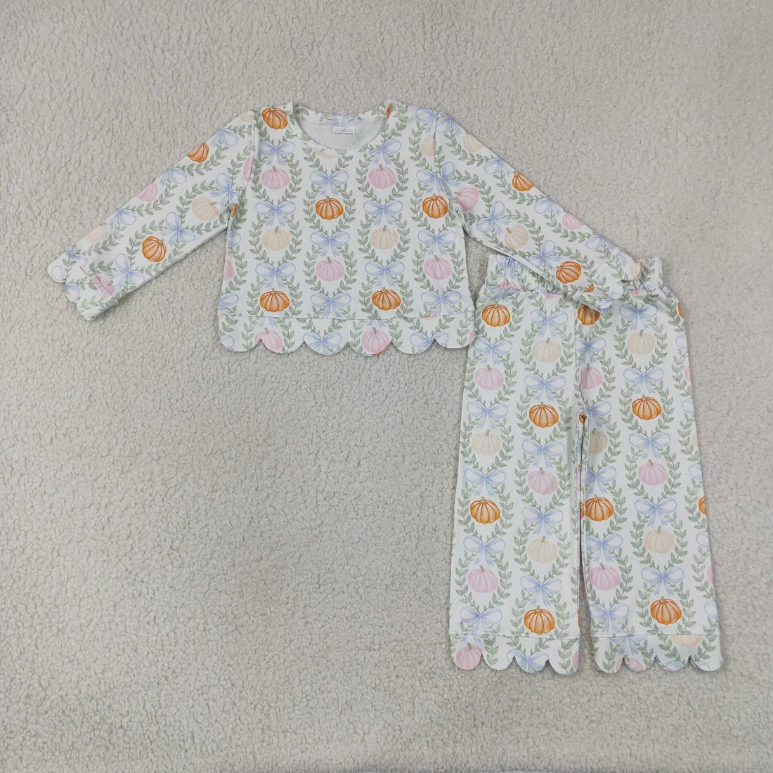 Sibling Kids Girls Pumpkin Christmas Floral Long Sleeve Top Scallop Outfit