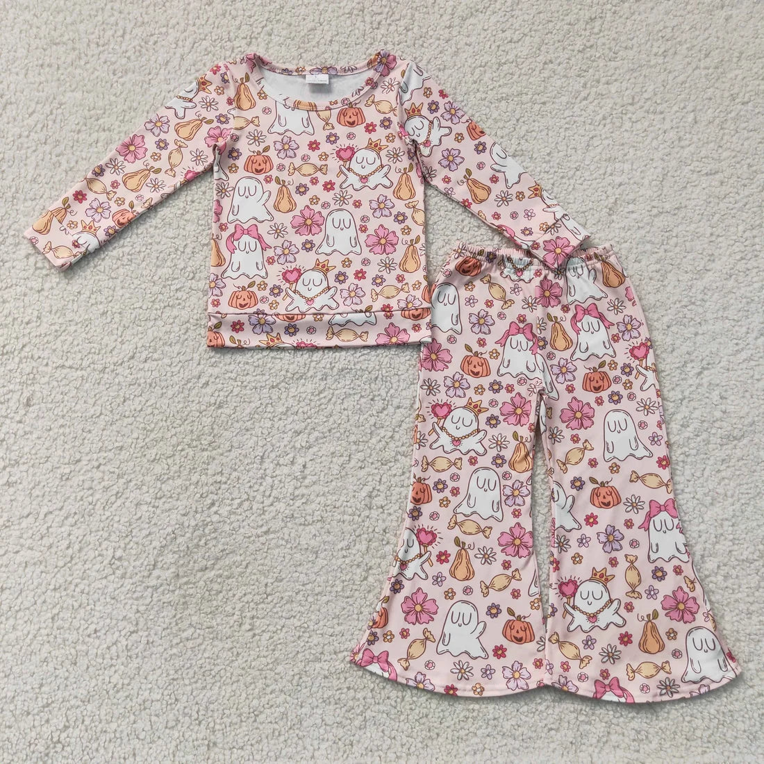Sibling Baby Girls Ghost Pumpkins Flowers Top Flare Pant Halloween Set